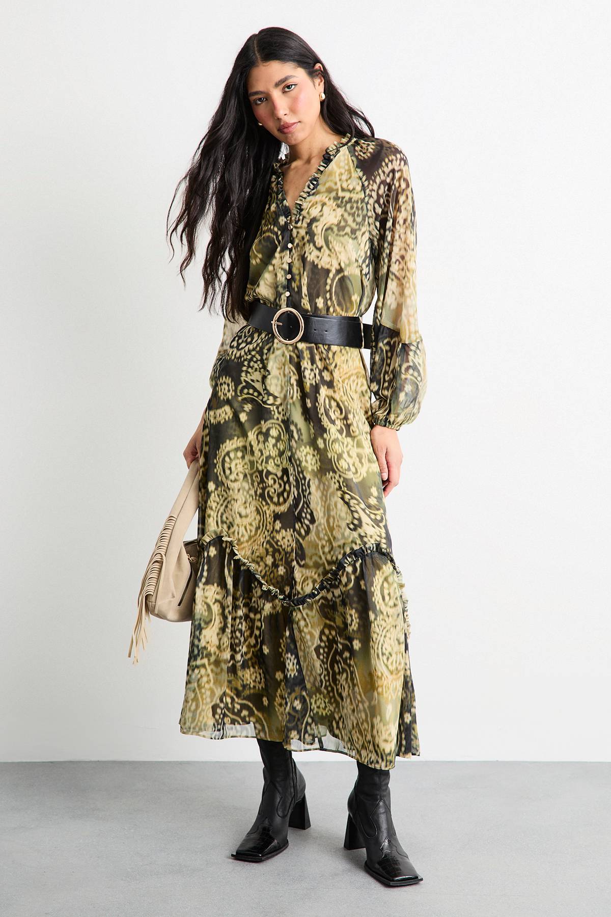 Warehouse Robe Longue Imprimée À Volants Avec Ceinture