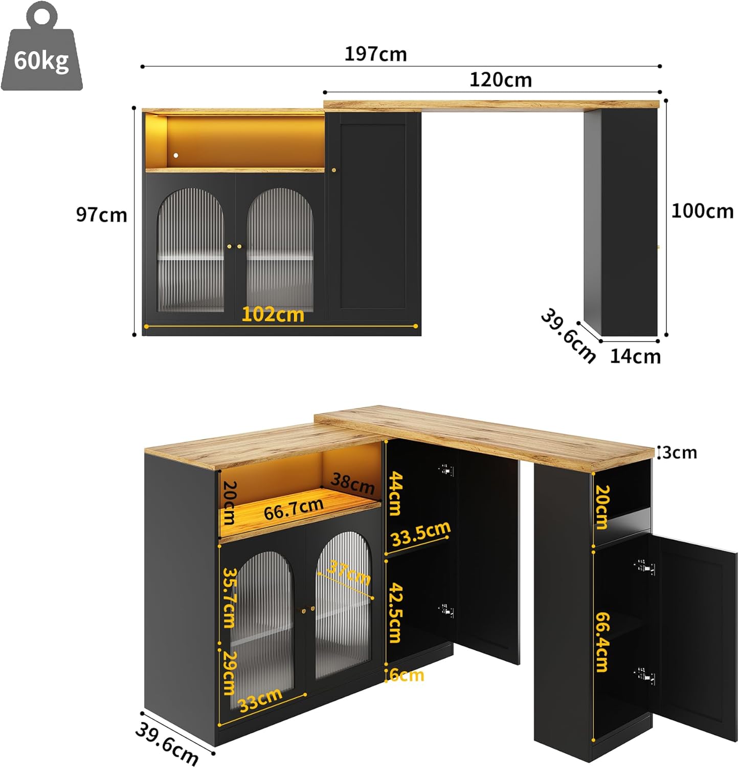 Um 360° drehbarer Bartisch (Hauptkörper: 198 x 39,6 x 97 cm), Mattschwarzer Schrank mit Schreibtisch in Holzmaserung, mit Changhong-Glasschranktür und LED-Licht, Sideboard