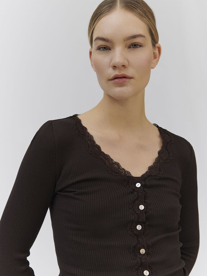 Rosemunde Silk cardigan w/ lace Dark espresso
