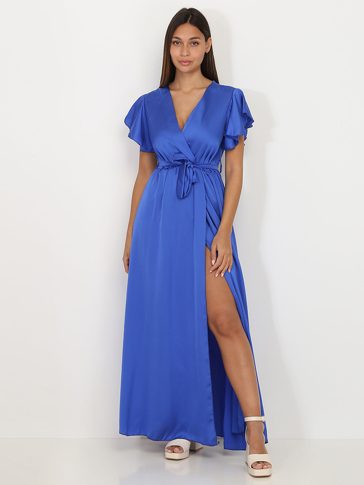 Robe longue cache cœur fendue- Bleu