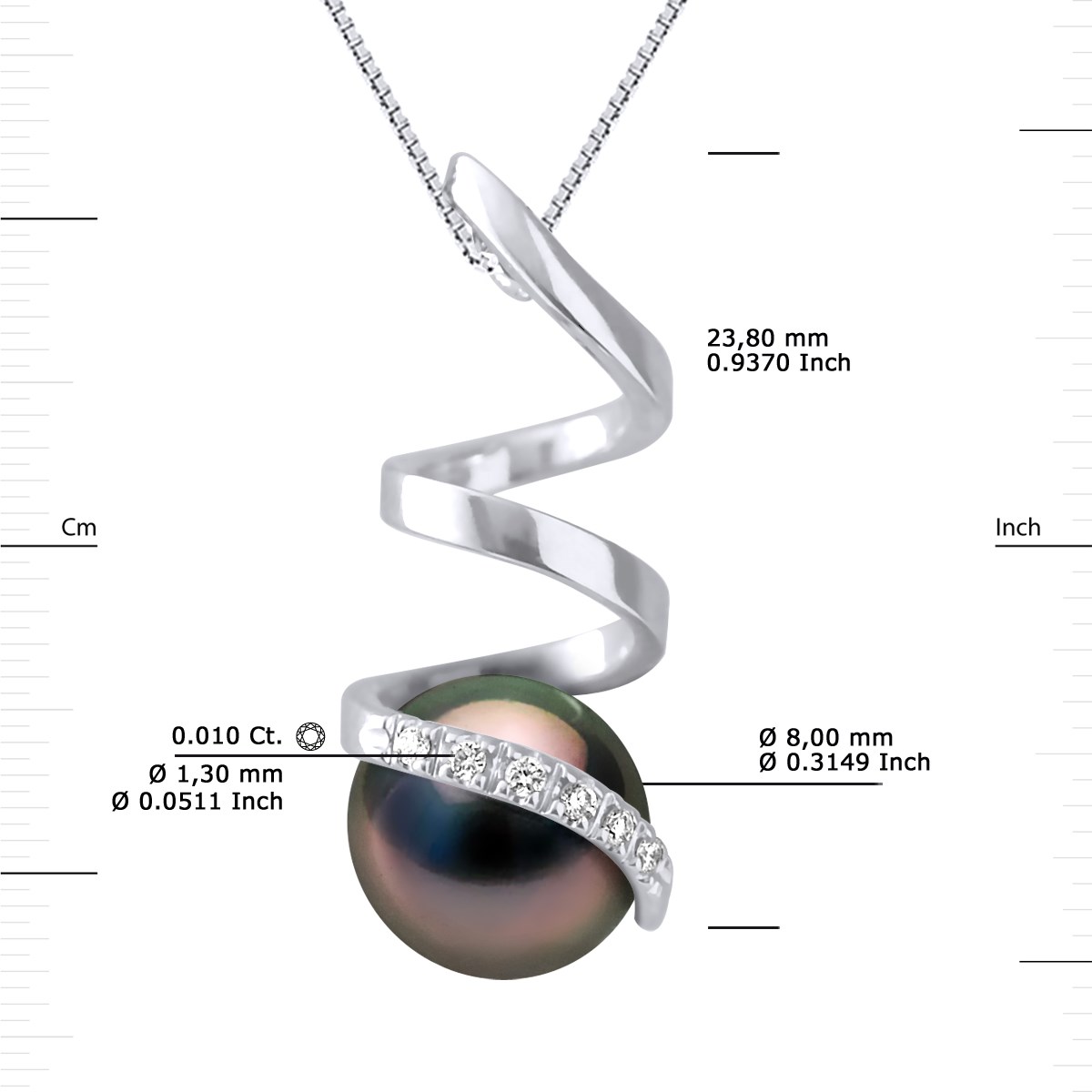 Pendentif Diamants 0,060 Cts Perle de Culture de TAHITI Ronde 8-9 mm Or Blanc