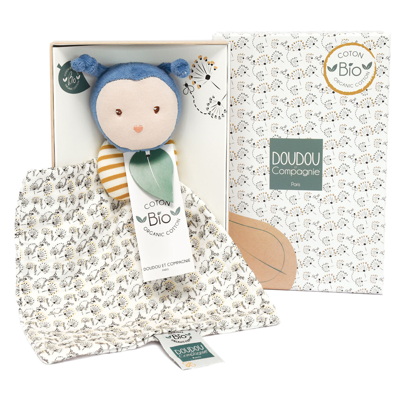 Doudou et Compagnie Doudou bébé Pollen l'abeille bio (modèle aléatoire) - 20x5 cm