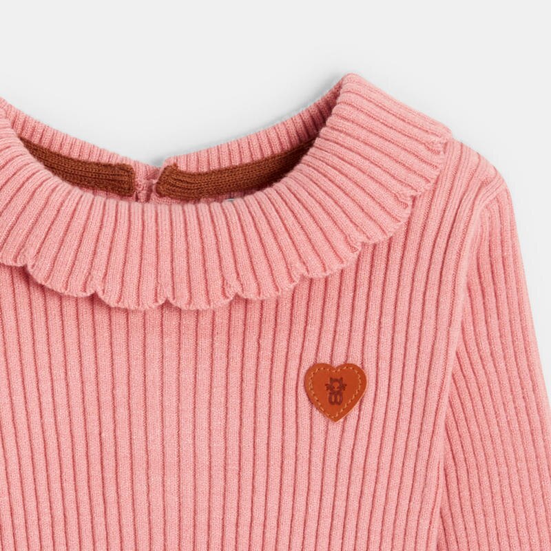 Pull maille tricot côtelé à col rose bébé fille Rose