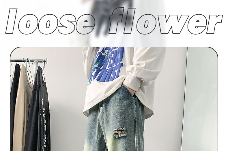 Fushet - Mid Rise Washed Distressed Flared Jeans