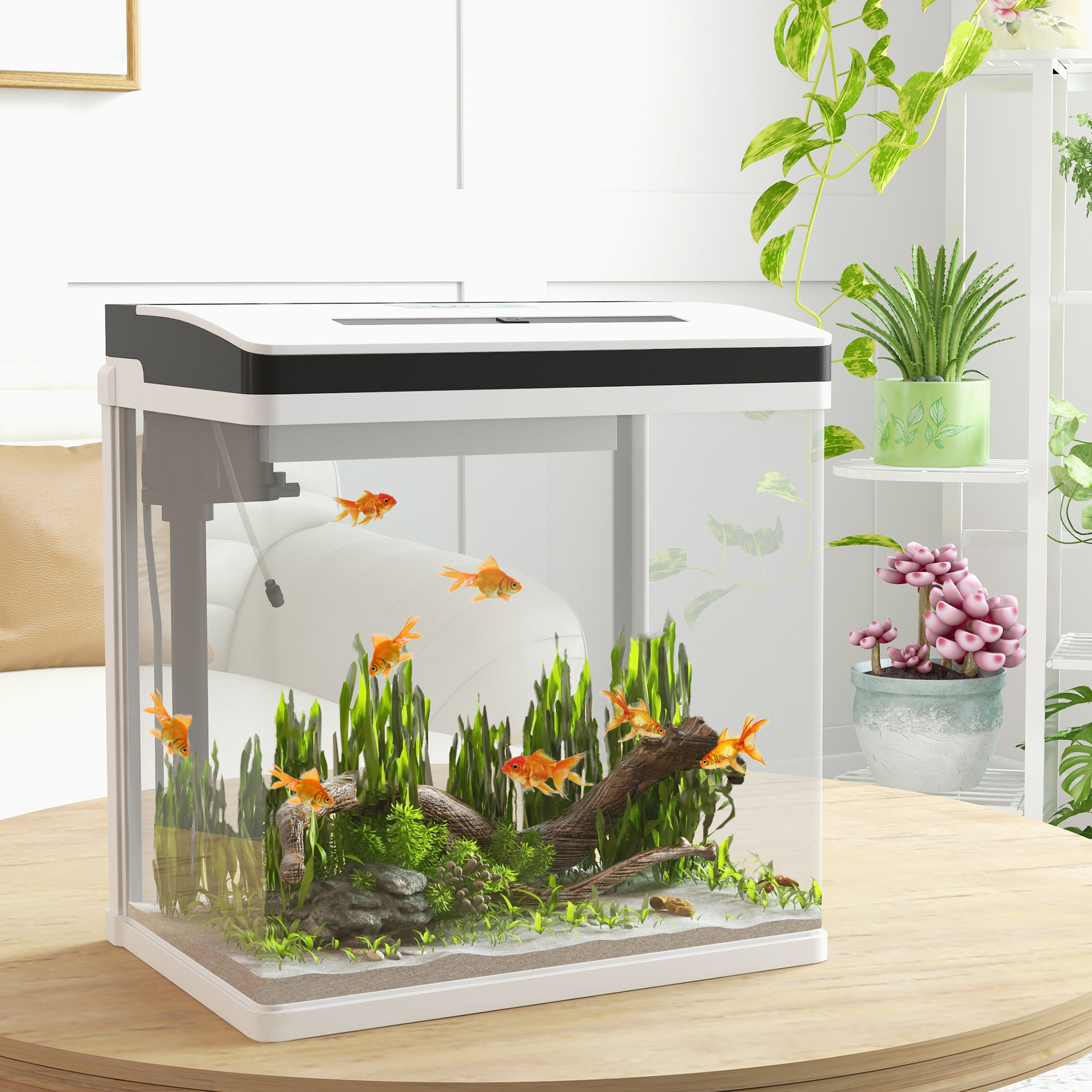 Aquário de vidro PawHut de 28 litros, pequeno, com sistema de filtragem, iluminação LED e bomba de água, 38 x 26 x 39,5 cm, branco.