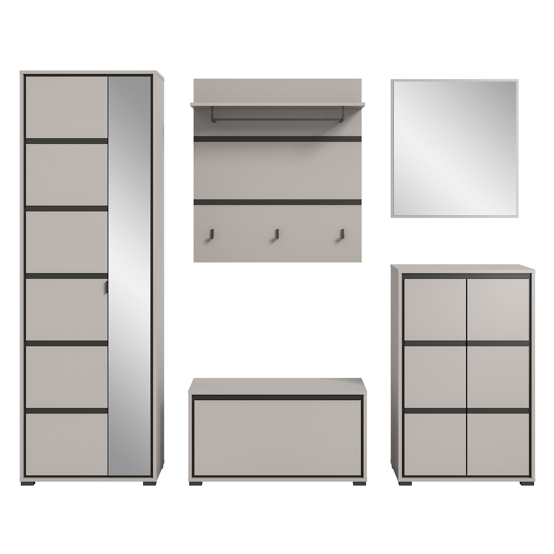 5-teiliges Set Garderobe JARU - grau-schwarz - mit Spiegel