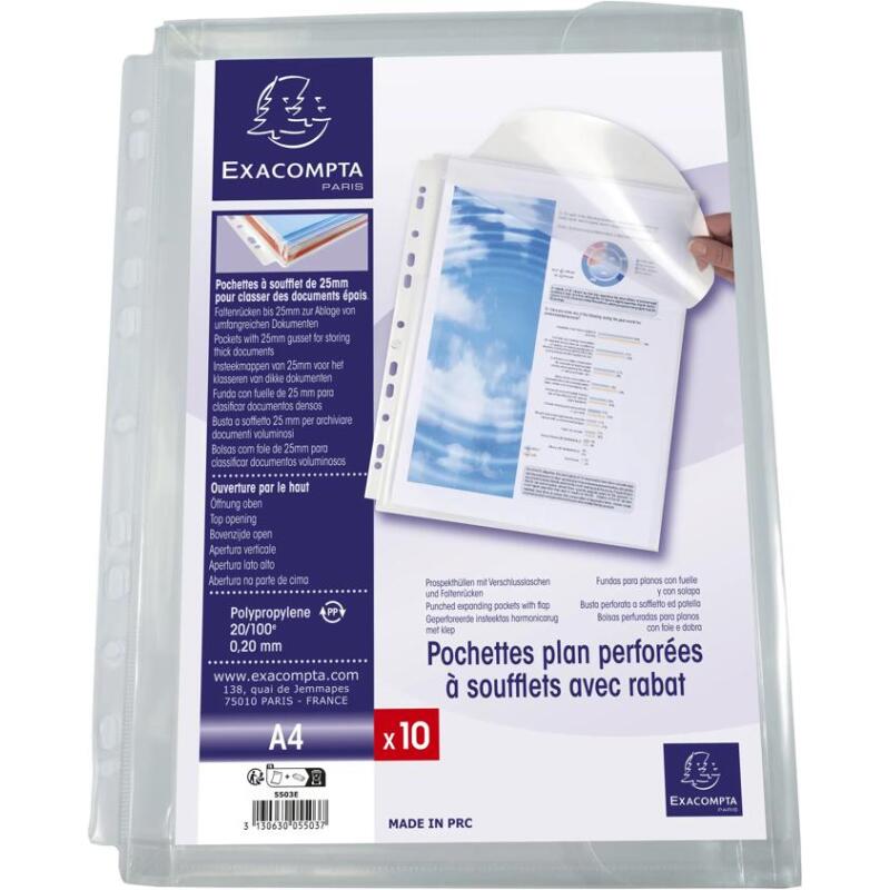 Pochettes perforées à soufflet de 30mm avec rabat à scratch - Cristal