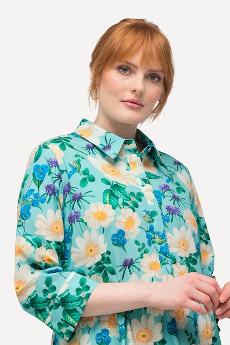 Hemdblusenkleid, Blüten, A-Linie, Hemdkragen, 3/4-Arm