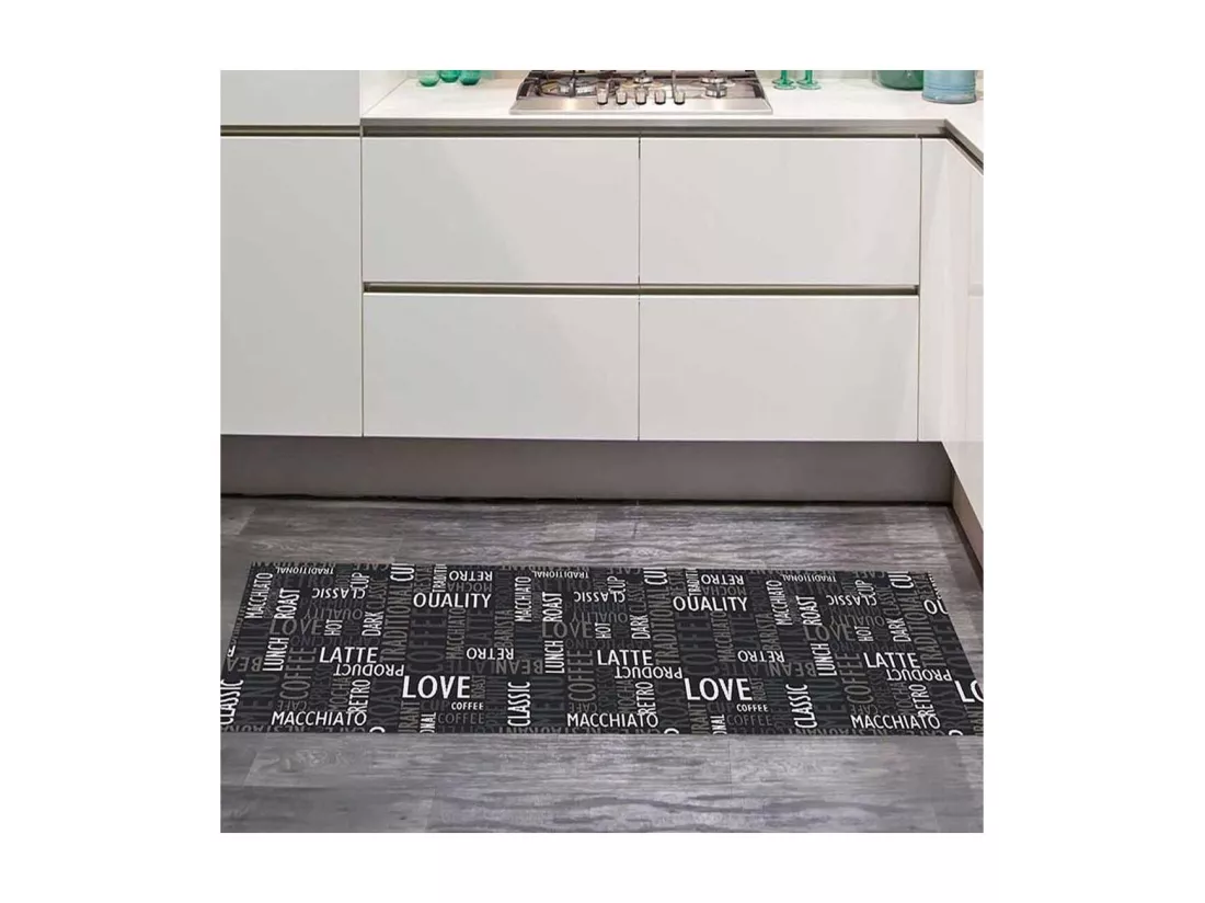 tapis cuisine 67x180 gris motif texte CAFE LOVE