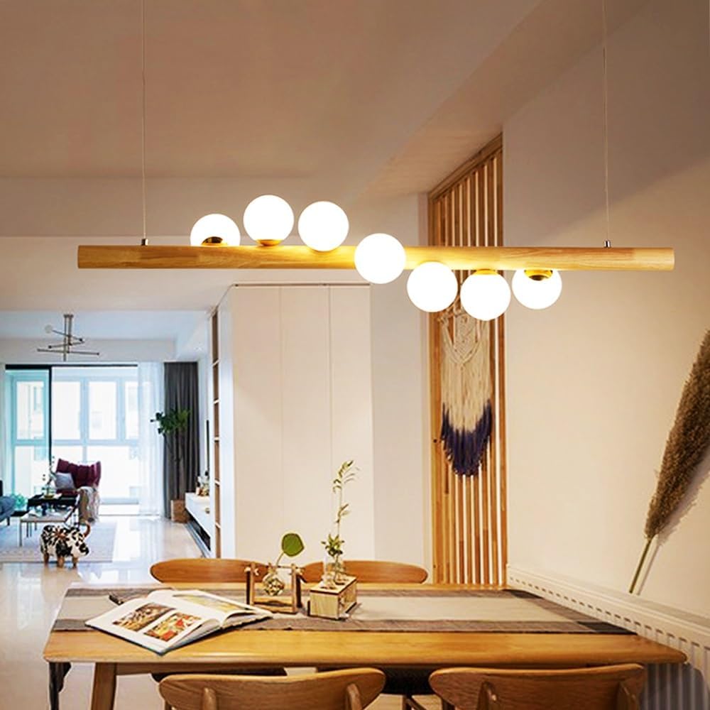 Vintage Holz Pendelleuchte Esstisch 7-Lampen Hängeleuchte Glas Lampenschirm Modern Hängelampe Retro Kronleuchter G9 Glühbirne Höhenverstellbare Pendellampe Küche Schlafzimmer Wohnzimmer Beleuchtung