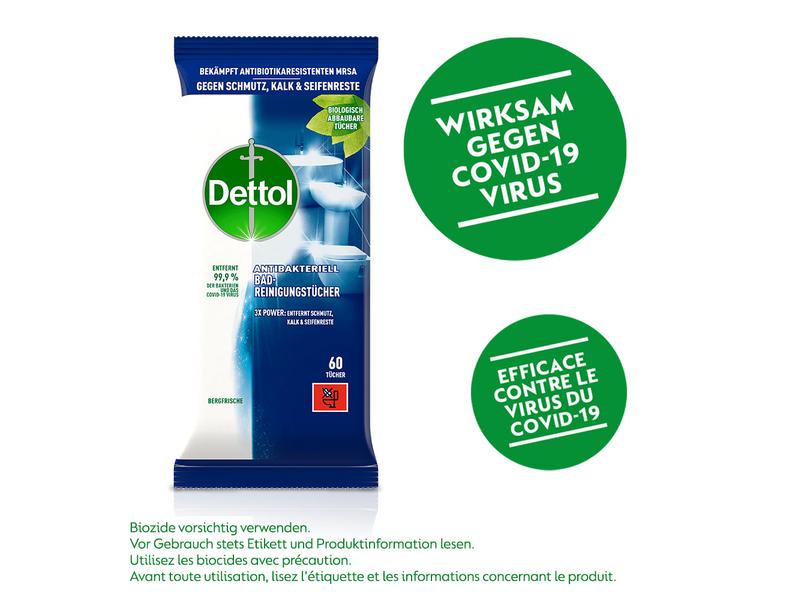 Dettol Bad-Reinigungstücher Bergfrische 60 Stück Antibakterieller Oberflächenreiniger für Bad und Toilette