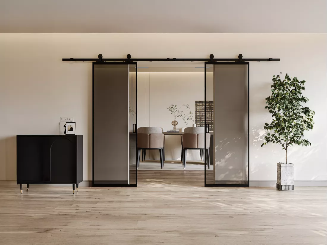 Porte coulissante double avec système en applique - aluminium et verre trempé fumé - 2 x H205 x L63 cm - LINCI II