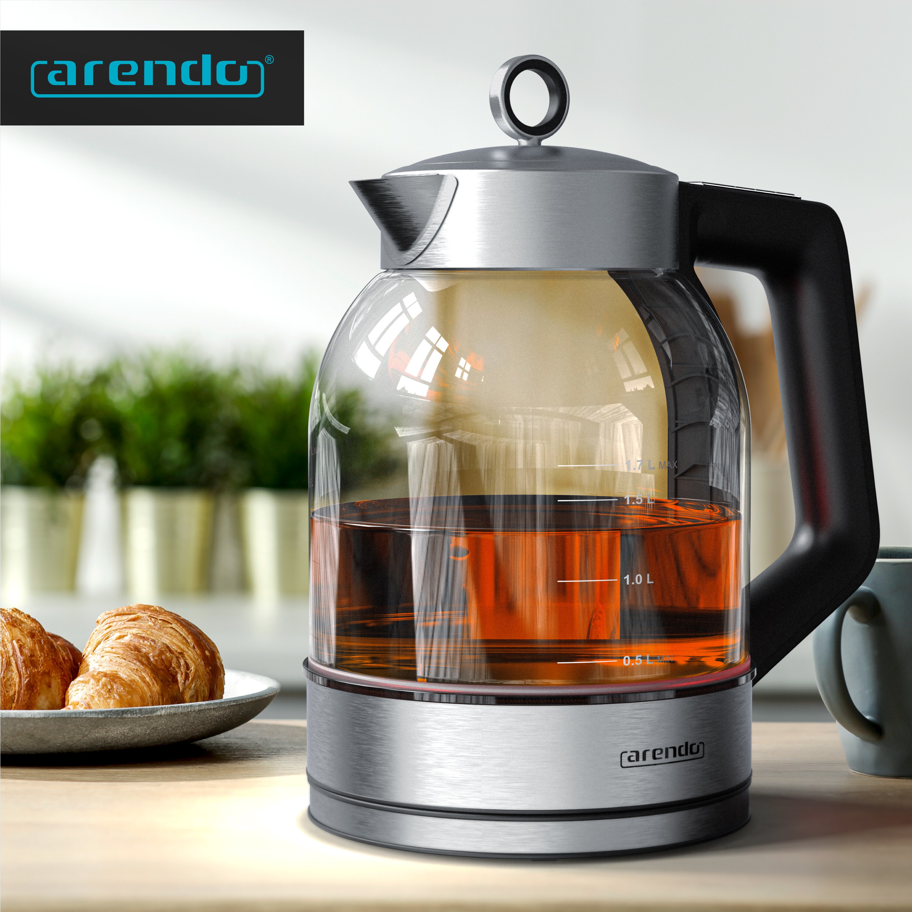 Arendo Wasserkocher 2000 W, 360° Basis, Warmhaltefunktion, Edelstahl Glas, mit Temperatureinstellung, Silber
