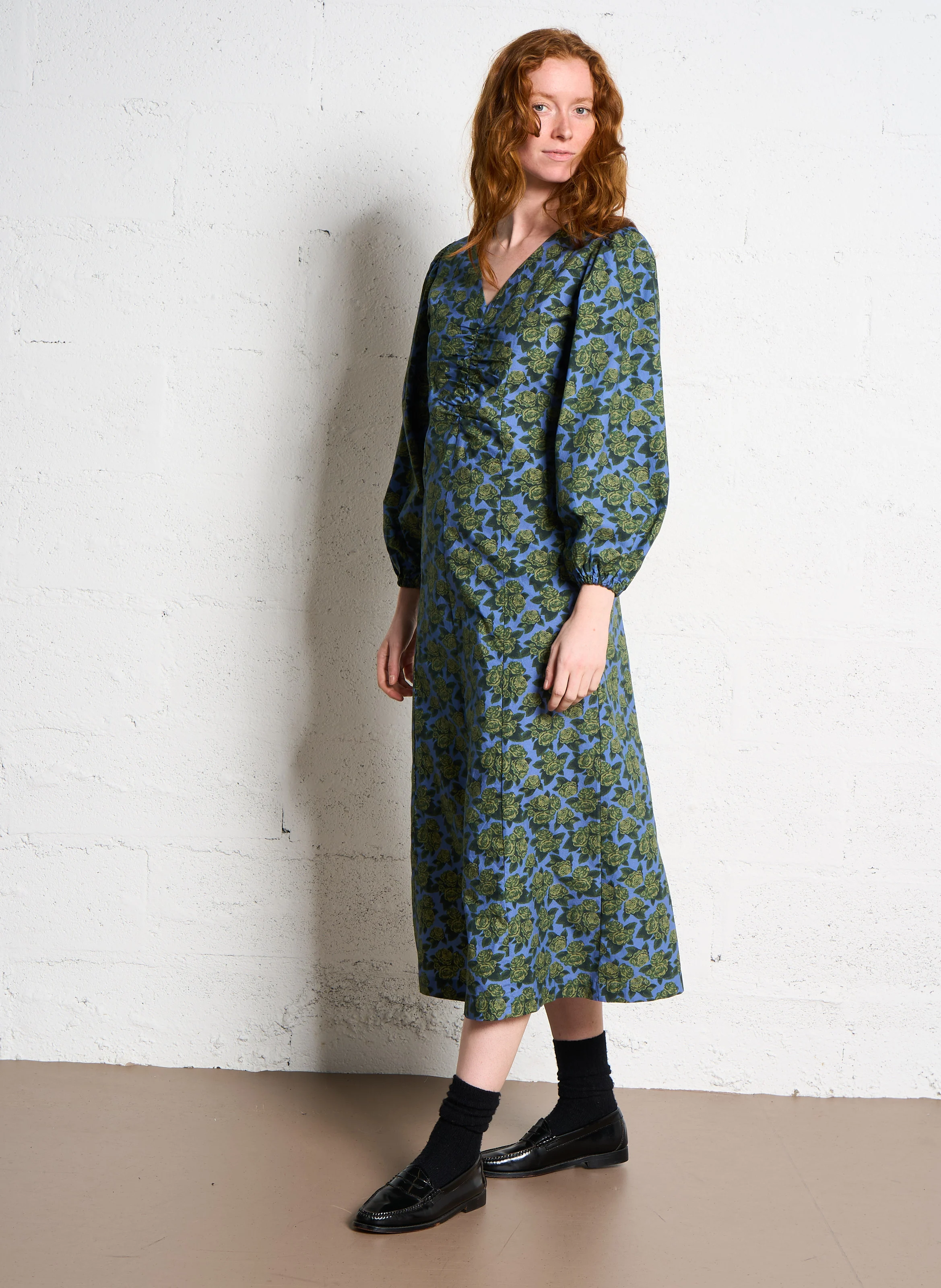 Robe longue en coton imprimé | Bleu
