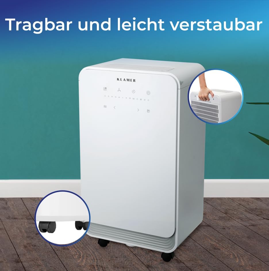 KLAMER Luftentfeuchter elektrisch 12L, 100m³ Luftumwälzung pro Stunde, 280W starker Raumentfeuchter, Entfeuchter mit bis zu 2 Liter Fassungsvermögen