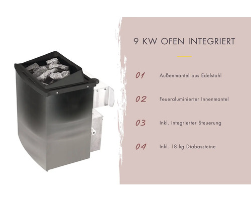 Karibu Mia blokhutsauna inclusief 9 kW kachel en geïntegreerde bedieningseenheid, zonder dakrand, met gebronsde volledig glazen deur