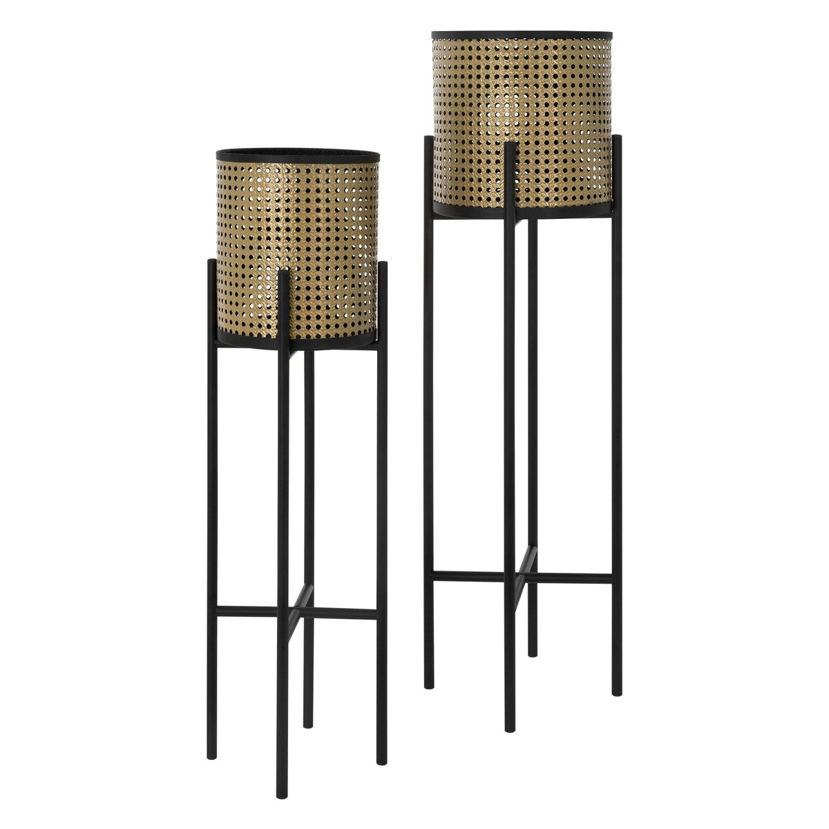 ML-Design Bloemenstandaard 2-delige set zwart-goud 16,5x16,5x80,5 cm/19x19x90 cm, staal, bloempotstandaard met plantenbak, metalen plantenstandaard, 2-delige bloempothouder, bloempot, bloemenkolom, bloemenkruk