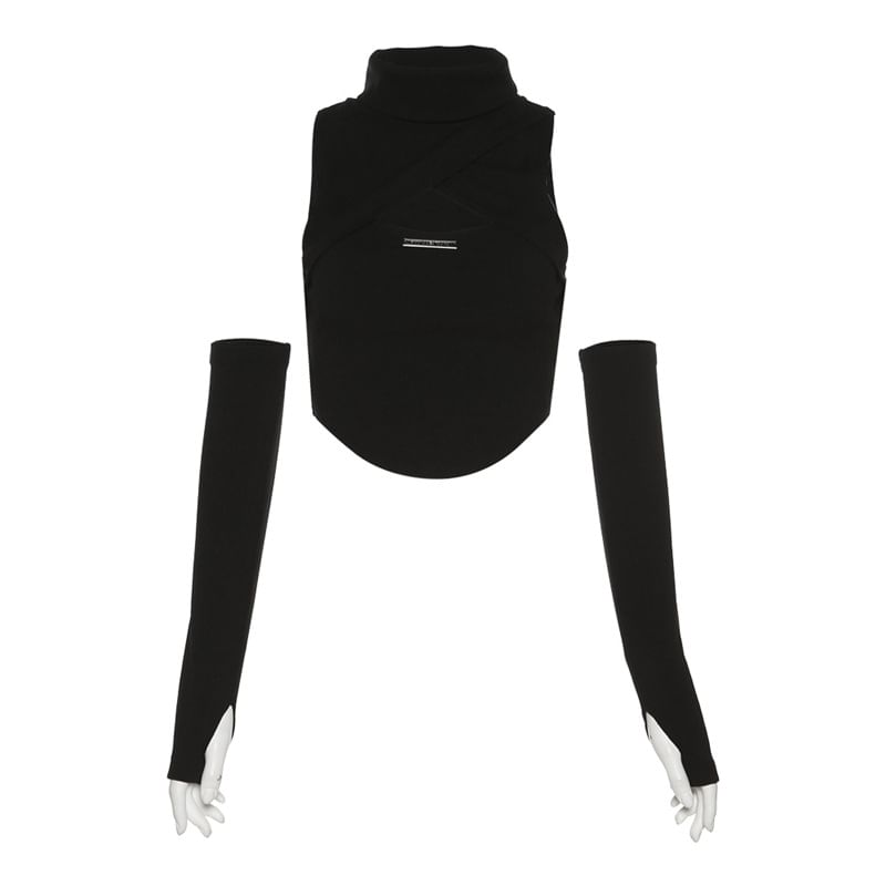 Sugarcoat - Set: Halter-hals cutout effen crop top + mouwen