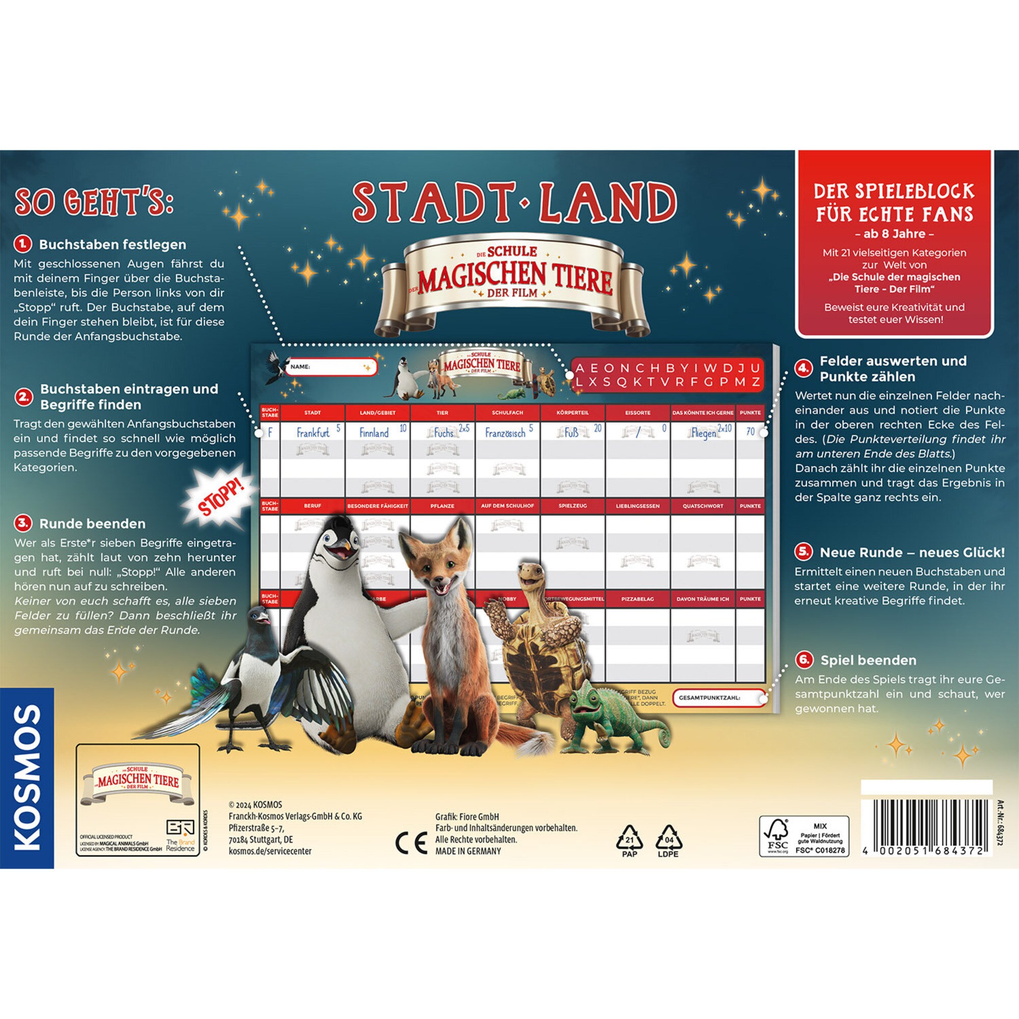 Kosmos Gesellschaftsspiel Stadt - Land - Die Schule der magischen Tiere
