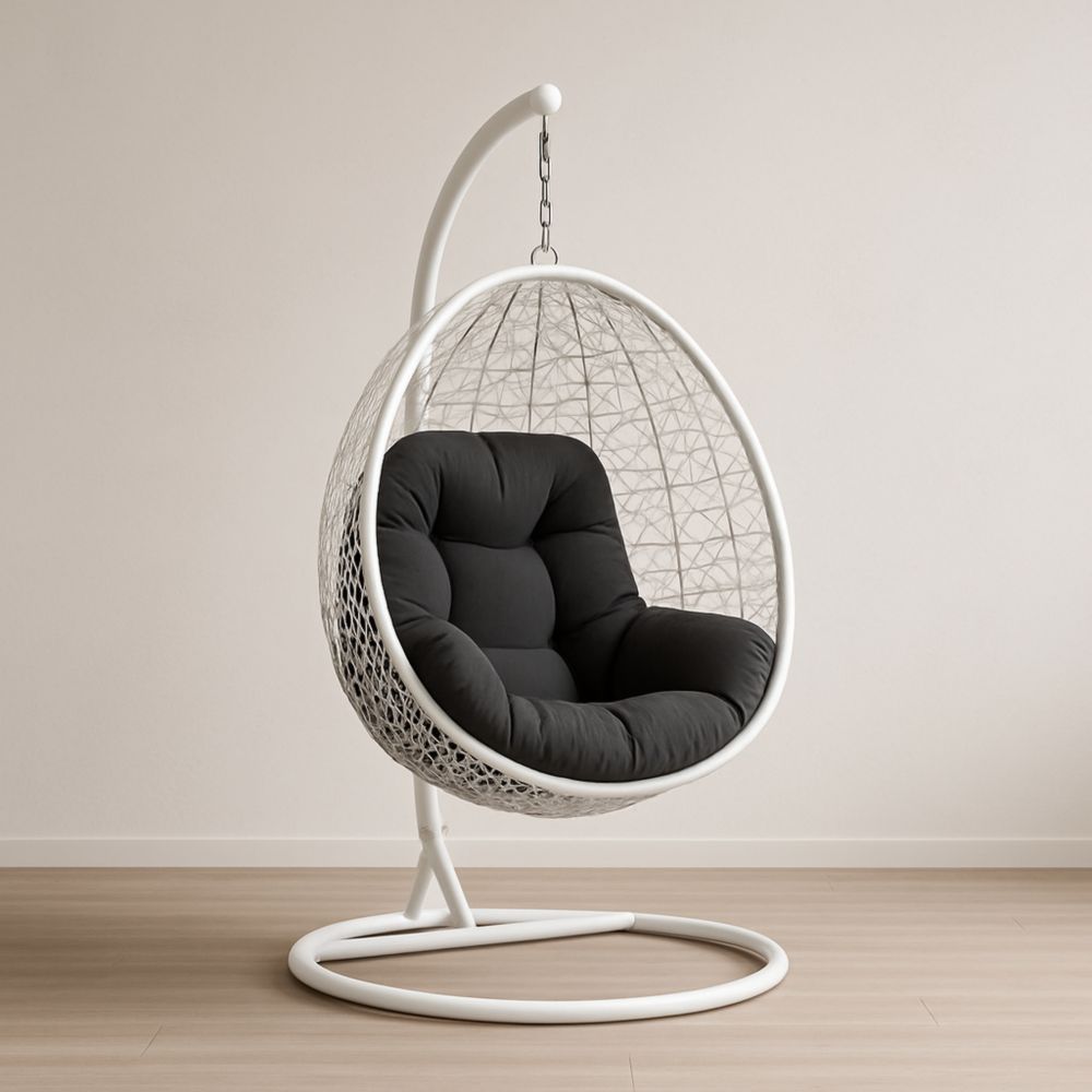 Hängesessel Ei-Form Weiß Polyrattan mit Kissen Schwarz
