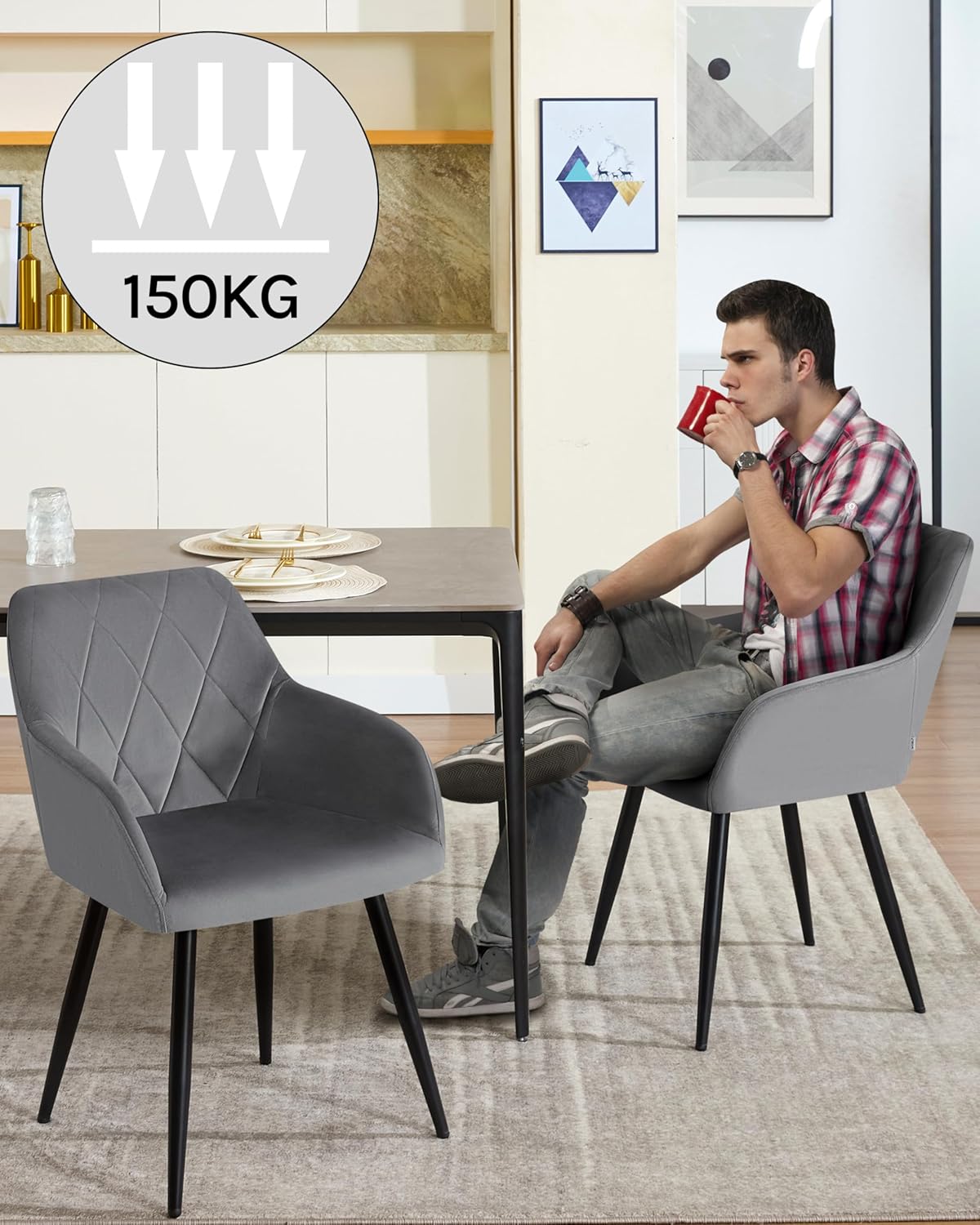 WOLTU 6er Set Esszimmerstühle mit Armlehne Rückenlehne, für Esszimmer Wohnzimmer Küche, Bequeme Küchenstühle gepolstert mit Samtbezug, Metallbeinen, Dunkelgrau