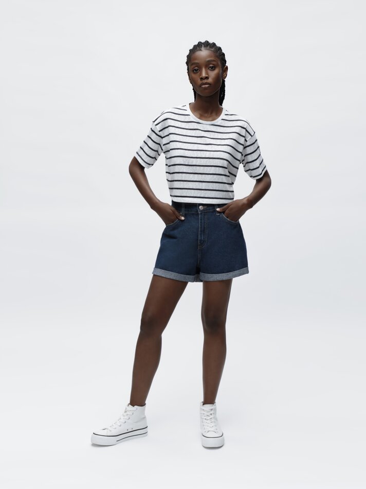 Camiseta cropped com efeito linho - Azul Médio