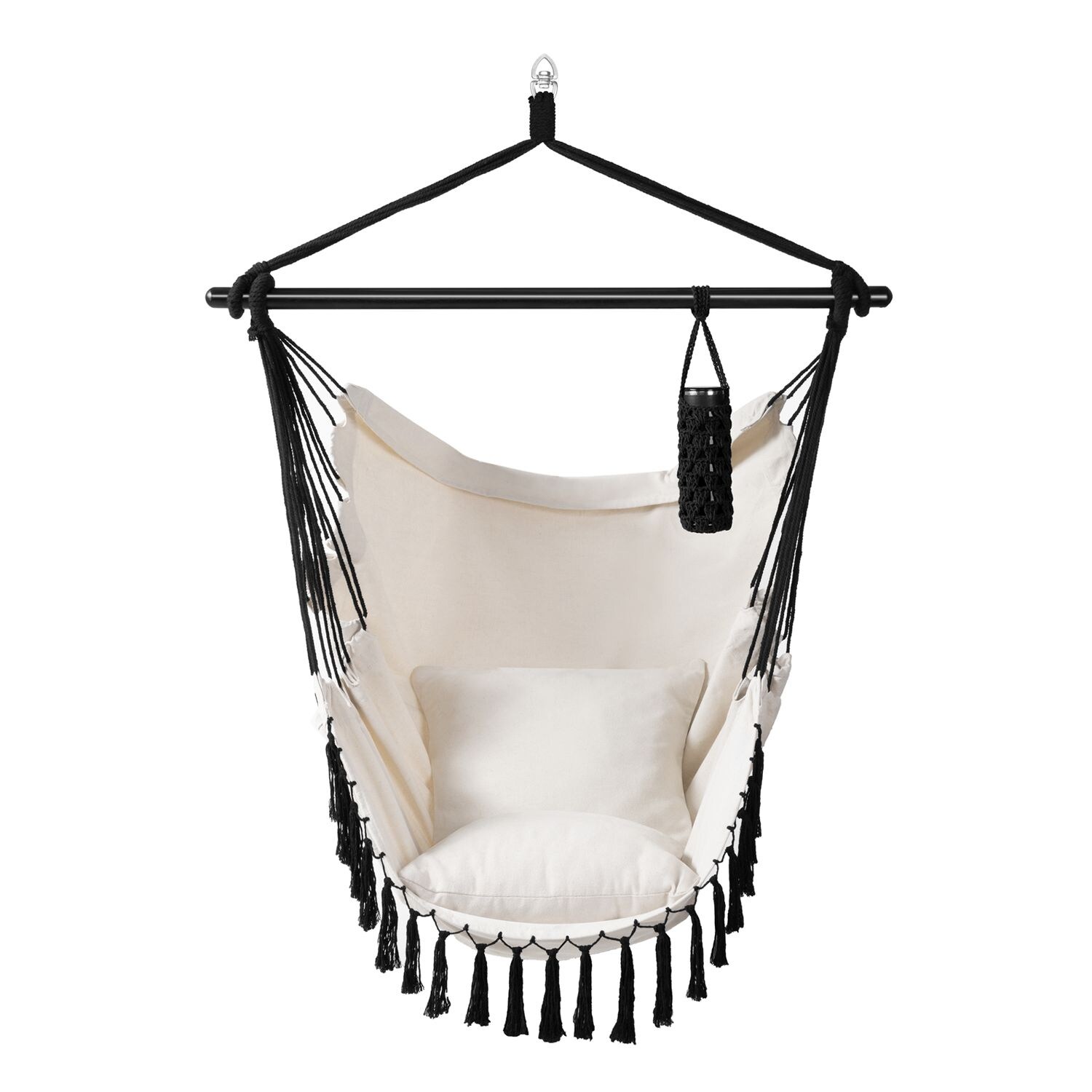 Juskys Hängesessel Miami mit Kissen, Stange & Tasche - Makramee Hängeschaukel bis 150 kg - Beige