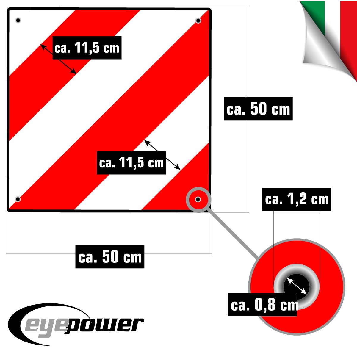 REFURBISHED – Warntafel Italien Spanien B-Ware 50x50cm Aluminium Reflektor Warnschild Rot Weiß