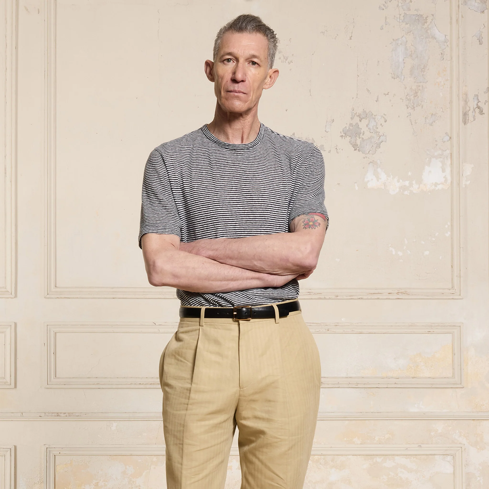 Navy and white striped cotton and linen T-shirt