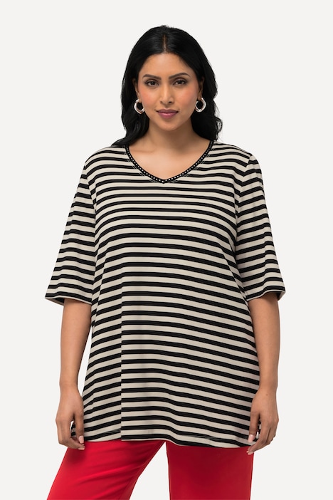 T-Shirt, Pima Cotton, Ringel, V-Ausschnitt, Halbarm