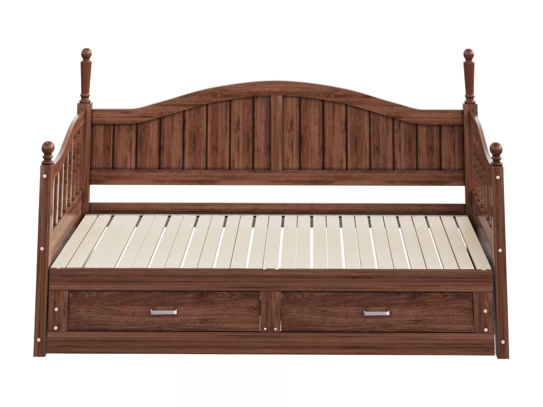 Canapé-lit pliant en bois massif 90/180x200 cm avec colonnes romaines et 2 tiroirs - Marron