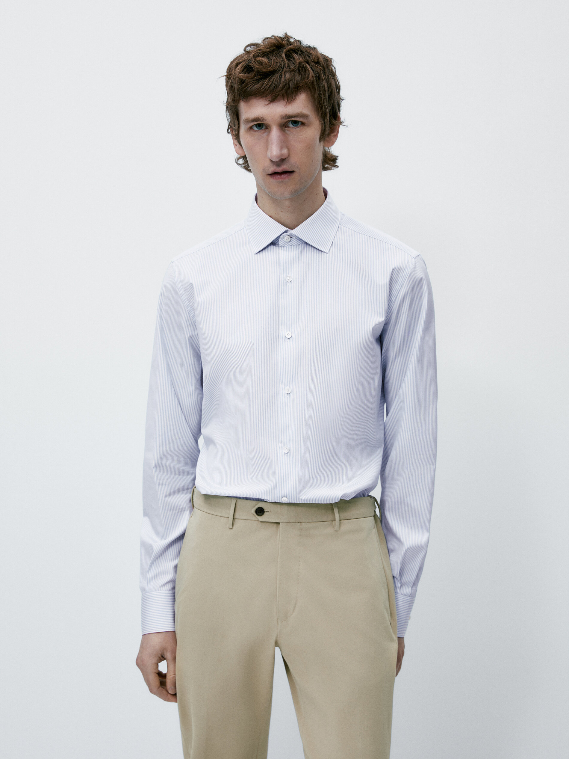 Camisa raias easy iron slim fit - CELESTE