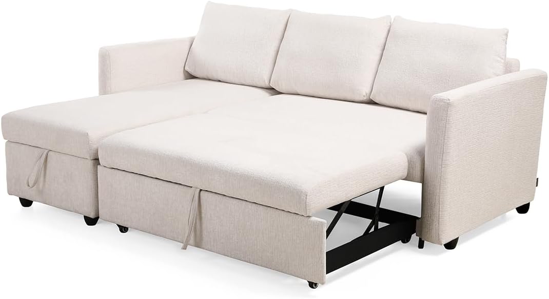 Meubletmoi Wilson Ecksofa, links, wendbar, 3-Sitzer, Länge: 210 cm, aus weichem Stoff, beige, ausziehbar, mit Kissen und integriertem Truhe, moderner Komfort und Originalität