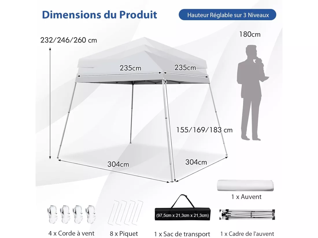 Tonnelle de Jardin Instantanée Pliable 3x3m/Tente de Jardin 3 Hauteurs Réglable Sac avec Sangles Anti-UV 50+ Imperméable pour Marché Patio CamBoisg Blanc