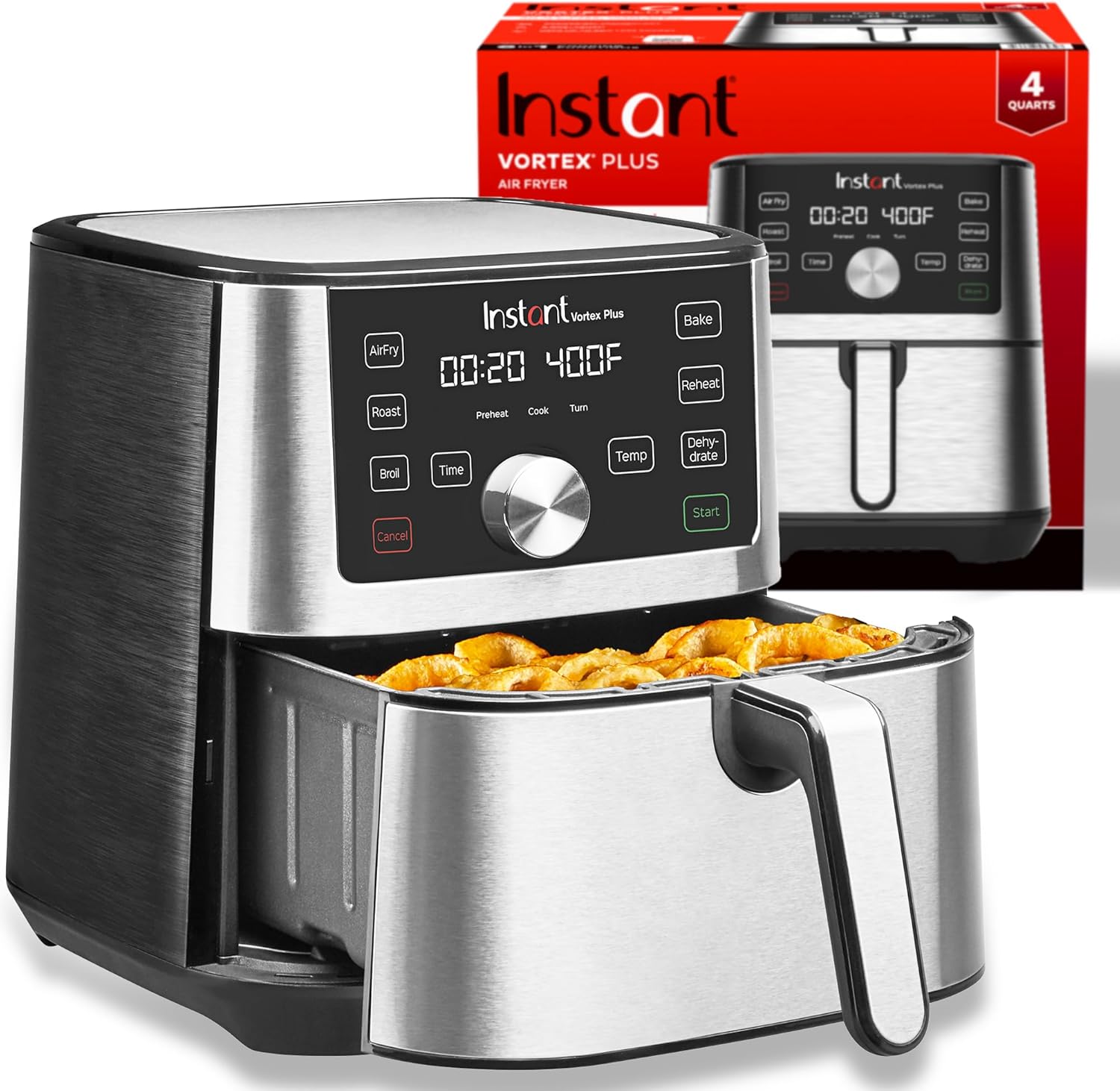 Instant Vortex Plus Friteuse à air de 4 litres, options de programme personnalisées, fonctions 6 en 1 : croustilles, grillages, rôtis, déshydratations, cuits, réchauffes, plus de 100 recettes