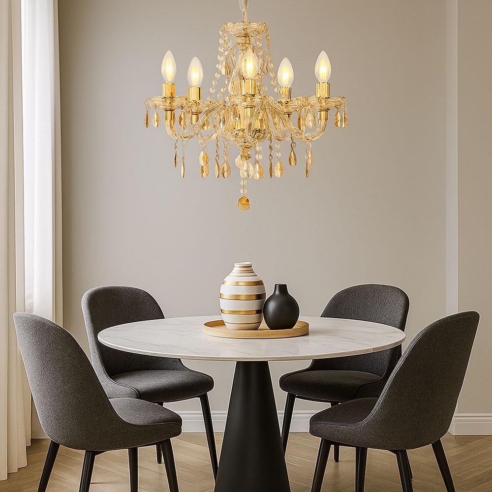 Kronleuchter Kristall Deckenlampe Hängeleuchte Lüster Esszimmerleuchte Wohnzimmerlampe, Metall Acryl gold, 5 flammig E14 Fassungen, DxH 48x150 cm