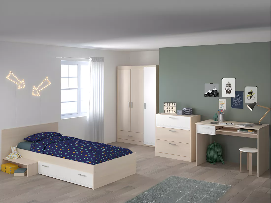 Lit enfant 90 x 190 cm avec 1 tiroir - Coloris : Naturel et blanc - IPLIA