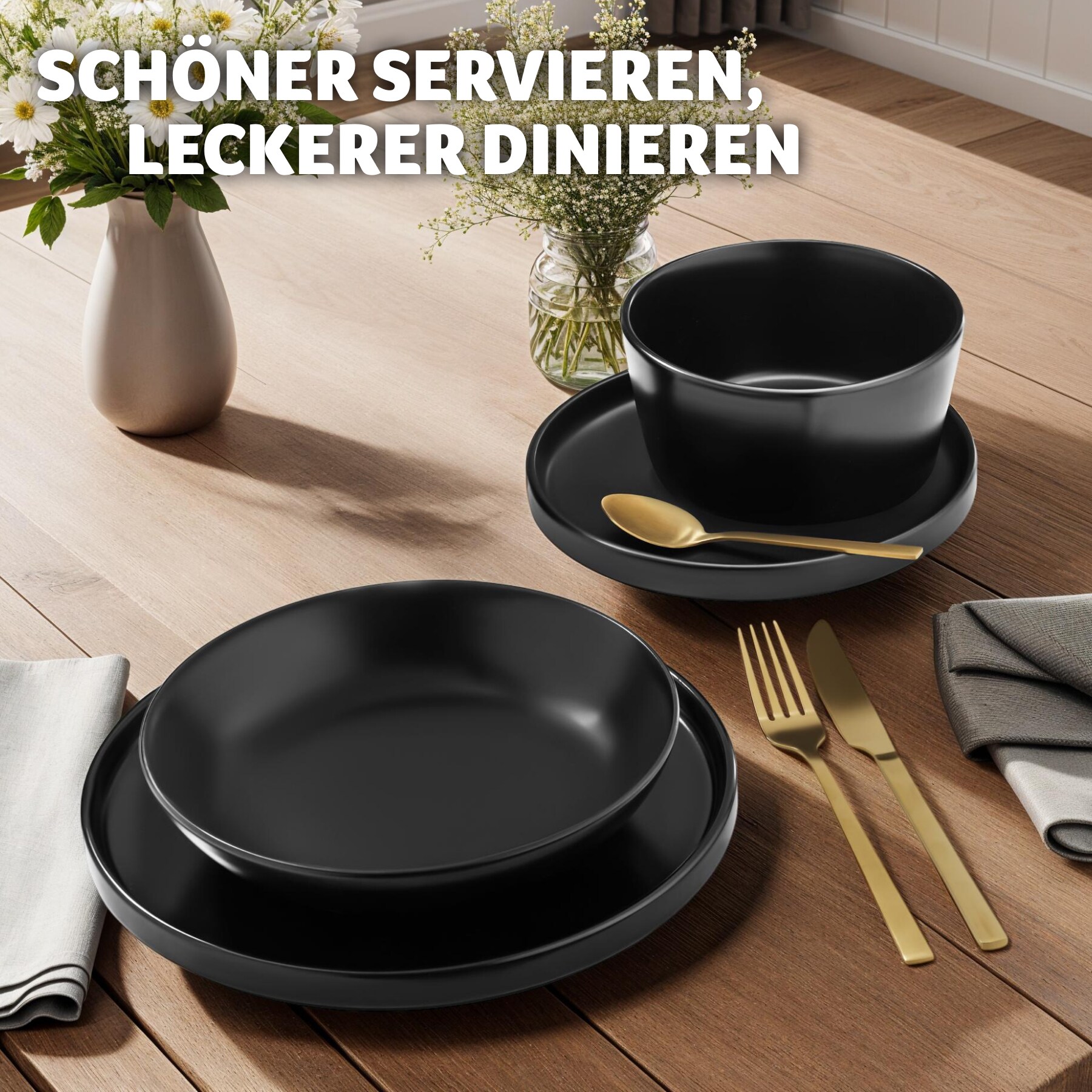 tectake® Geschirrset, für 6 Personen, aus Steingut, mit Glasur, ineinander stapelbar