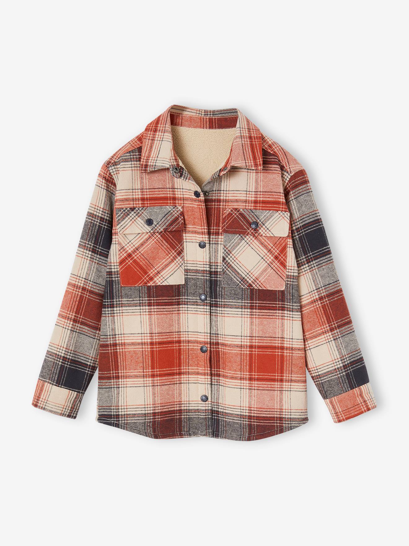 Camisa xadrez de flanela com forro de sherpa para meninos, cor terracota.
