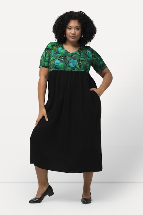 Jerseykleid, Blätter, A-Linie, V-Ausschnitt, Halbarm