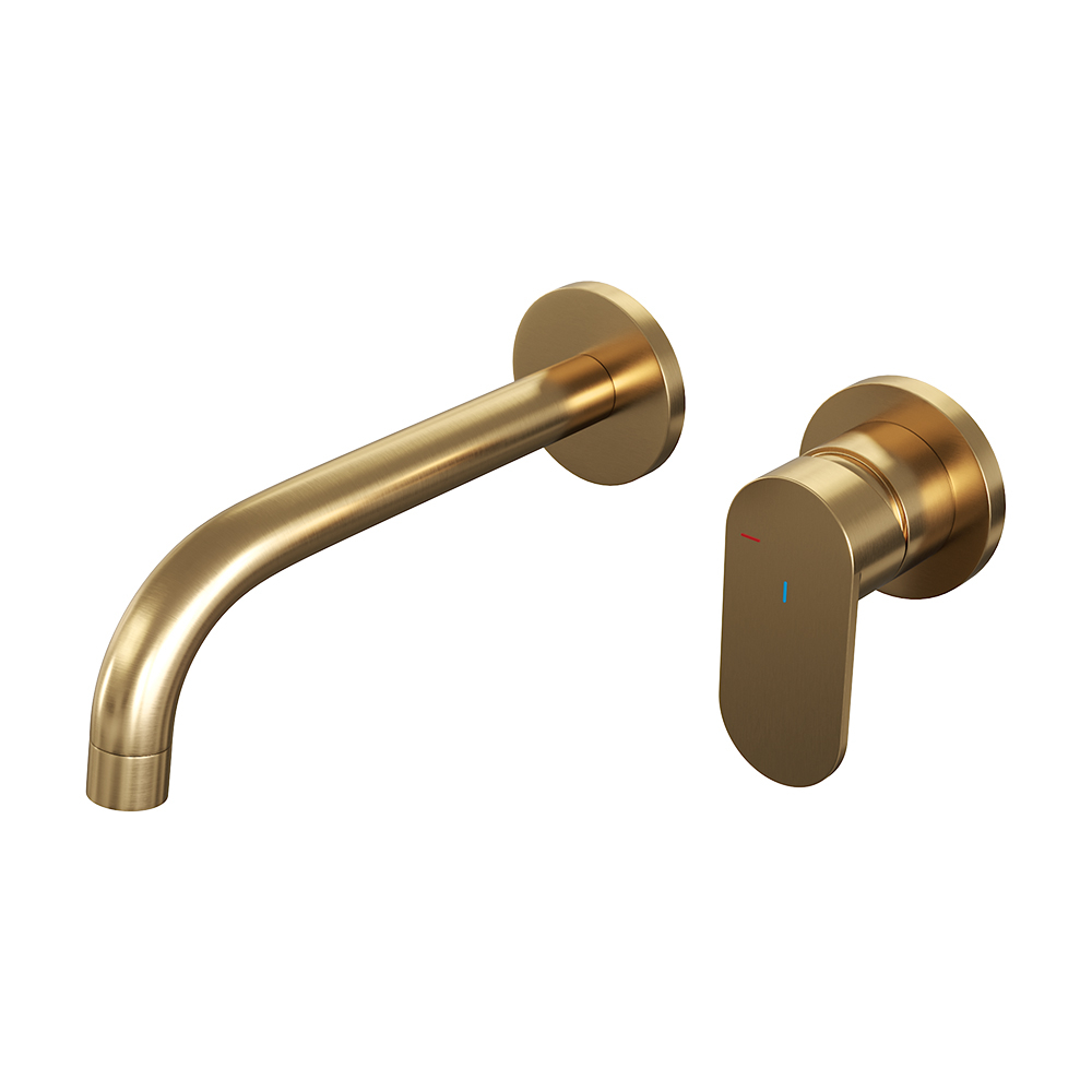 Brauer Gold Edition ColdStart wastafelkraan inbouw gebogen uitloop en rozetten model C1 geborsteld messing PVD