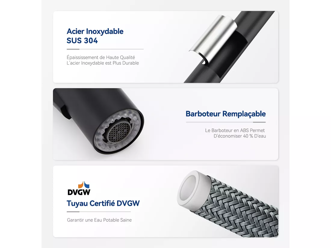Mitigeur de Cuisine avec Douchette Extractible Cecipa max - Robinet en Inox Rotatif à 360 °Noir Robinet Douchette avec Barboteur Démontable,EU Modèle