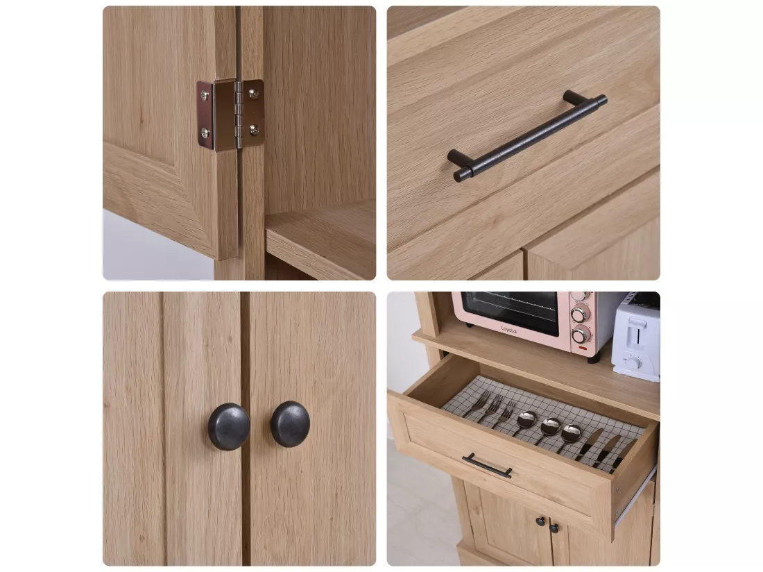 Armoire de cuisine multi-rangements 2 placards 2 portes tiroir niche MDF panneaux chêne clair