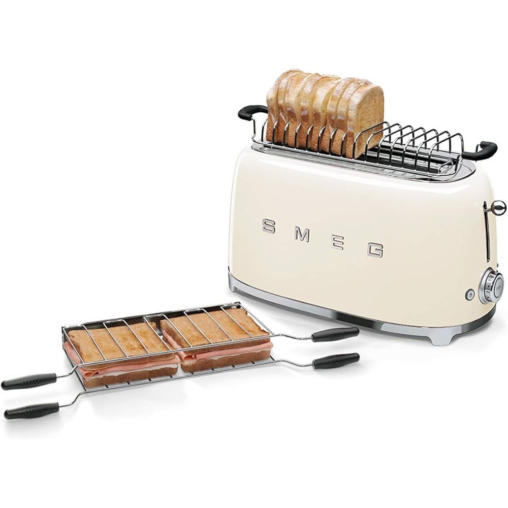 Smeg, Grille-pain 4 Tranches TSF02CREU, 2 Fentes 36 mm, 6 Niveaux de Brunissage, Fonction Chauffage, Décongélation et Bagel, Éjection Automatique du Pain, Ramasse Miettes, 1500 W, Crème : Cuisine et Maison