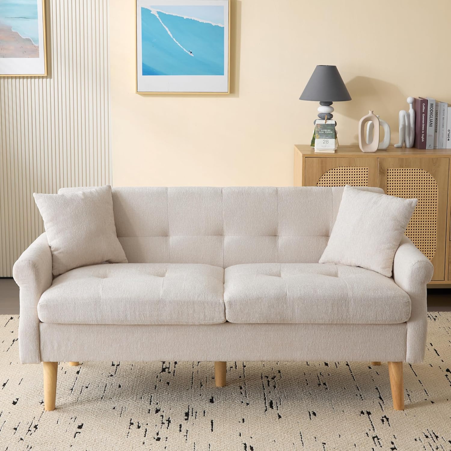 Merax 2 Sitzer Sofa Klein Couch, 162 cm Polstersofa aus Chenille-Stoff Modern Mini Sofa mit dicken Kissen, massiven Holzsofalegs, Doppelsofa für Wohnzimmer/Schlafzimmer/Wohnung, Beige