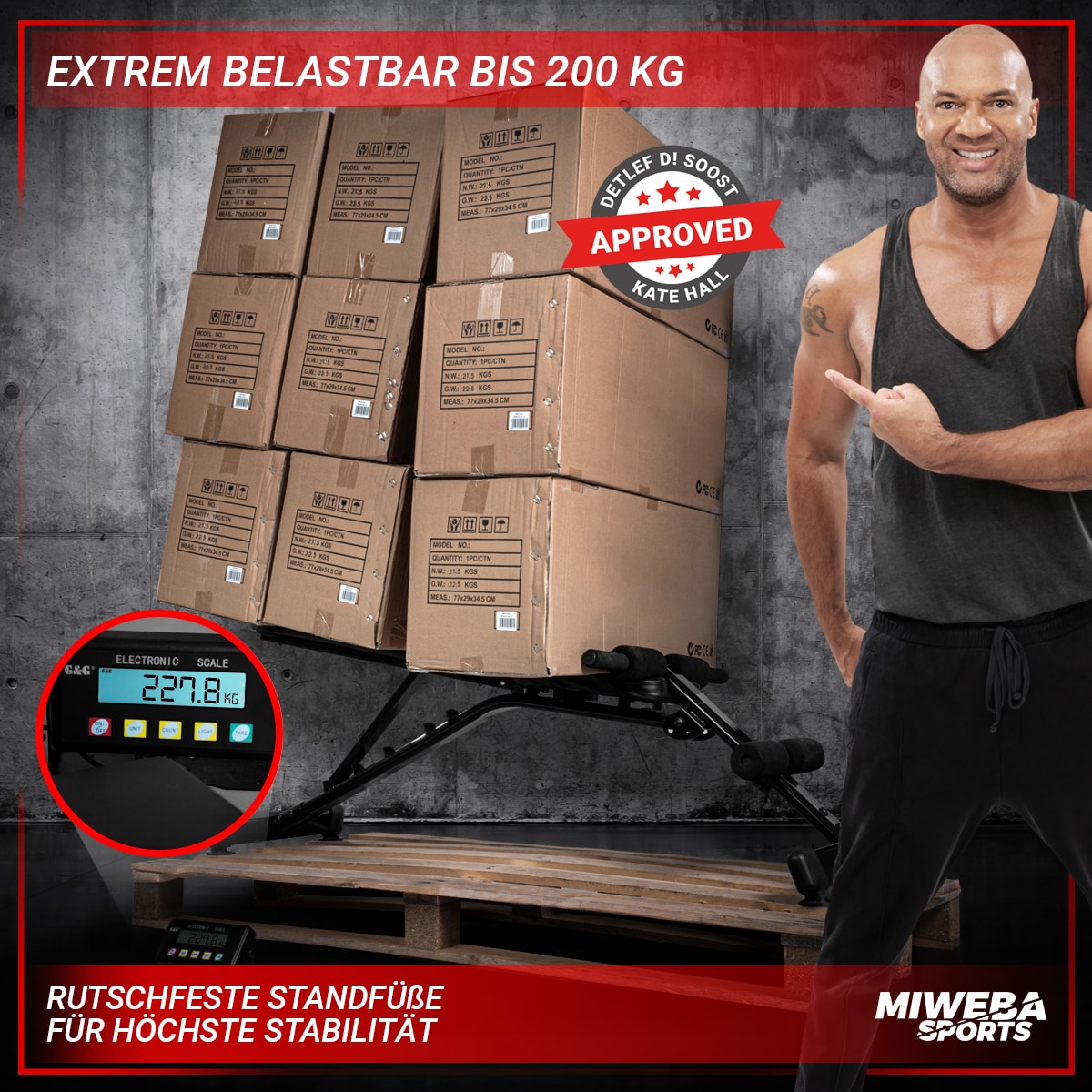 Miweba Sports Hantelbank MB200, klappbar, Schrägbank/Flachbank, verstellbar, 200 kg, EVA-Polster (MB-200PowerRope)