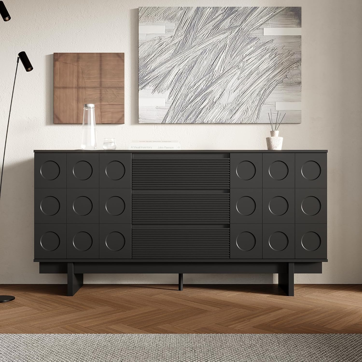 Modernes Sideboard Schwarz 160 x 40 x 80 cm mit 3 Schubladen und 2 Türen – Design-Kommode mit viel Stauraum, Hochwertiger Aufbewahrungsschrank für Wohnzimmer, Esszimmer oder Flur, Belastbar bis 80 kg