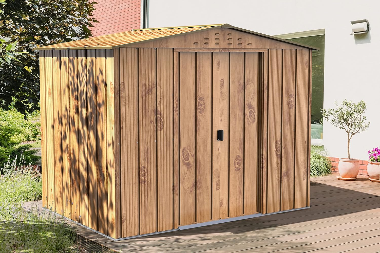 Duramax TOP Shed 6 x 4 (2.17 m²) Abri de jardin en métal, fabriqué en acier galvanisé, structure de toit renforcée, abri de jardin en métal sans entretien et résistant aux intempéries, Grain de bois