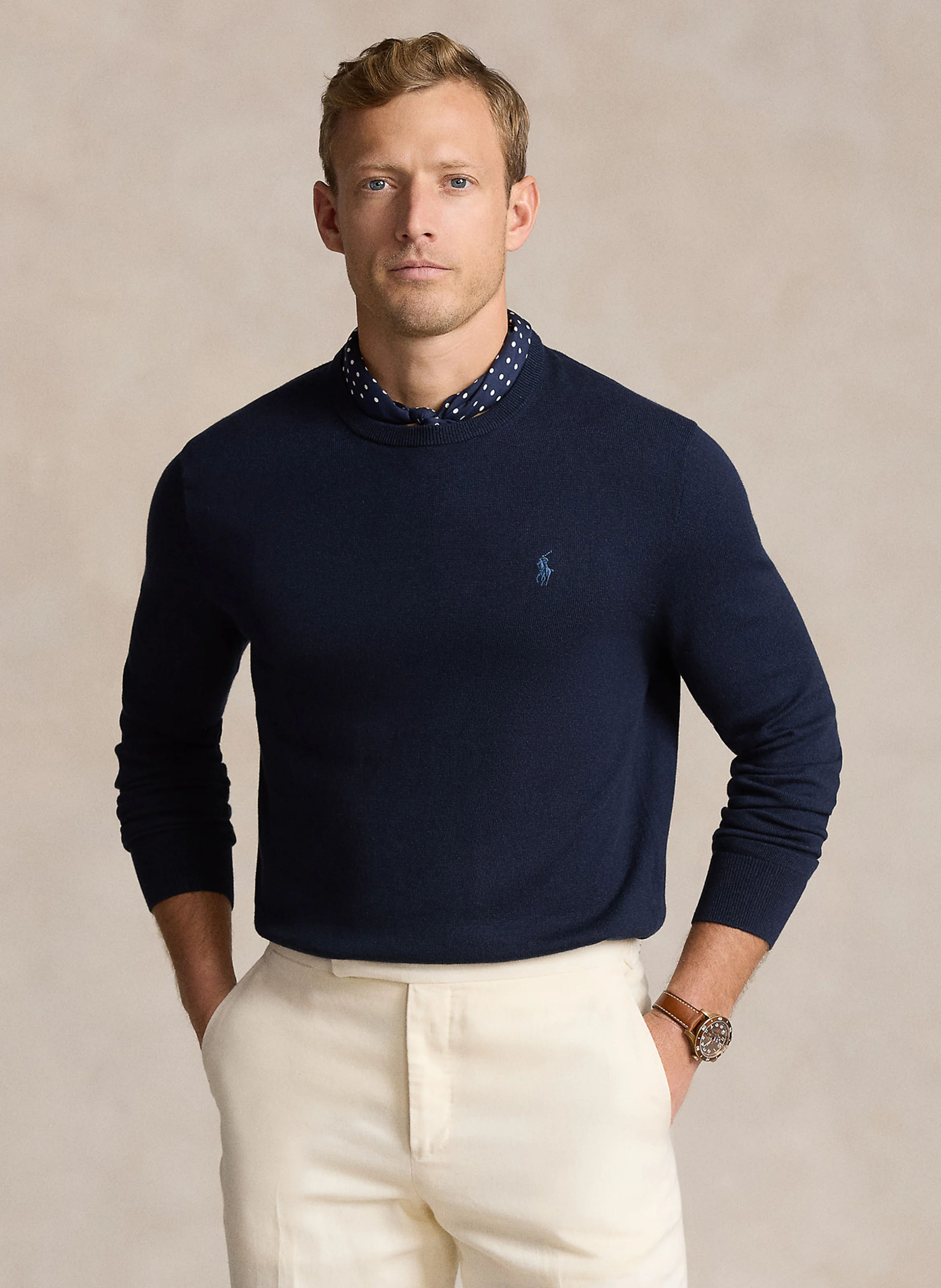 Pull col rond logo brodé en coton mélangé | Bleu