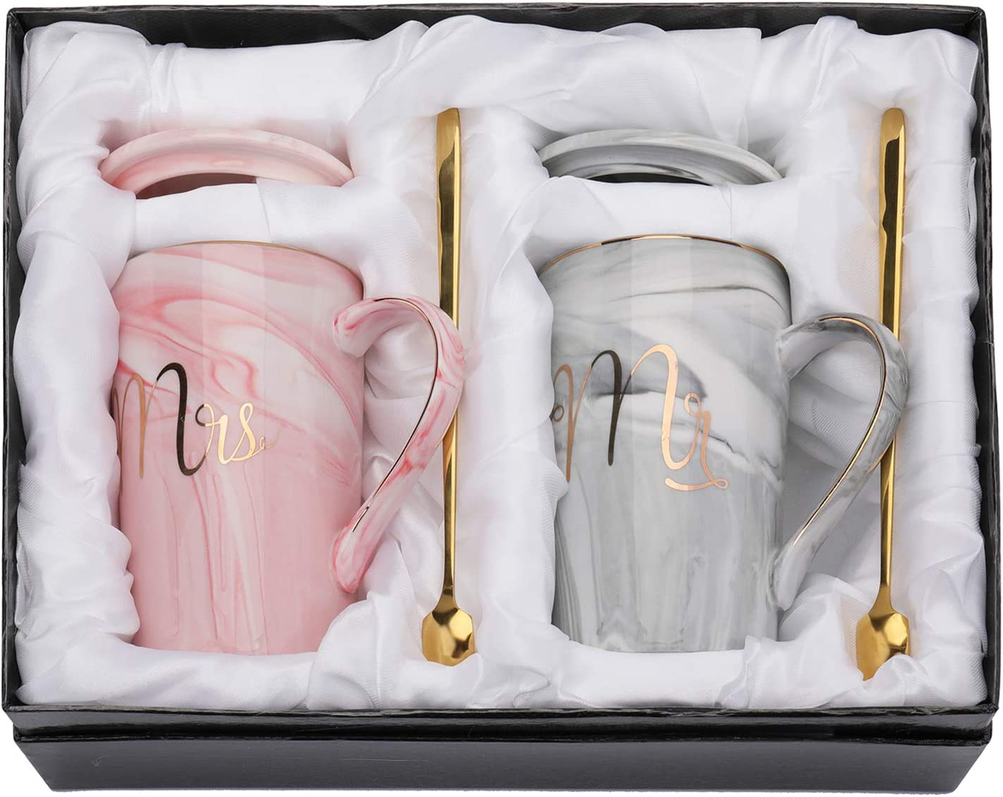 (6-tlg. Set) 400ml Keramik Kaffee Tasse Hochzeits Geschenk Couple Cups inkl. Deckel   Löffel - Mr & Mrs